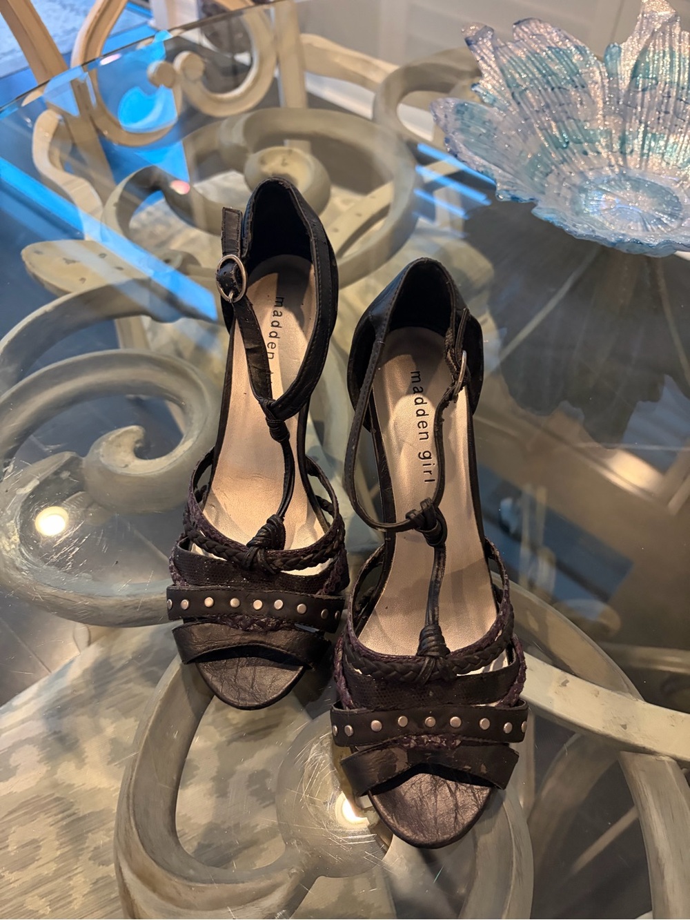 Madden Girl Black Studded T-Strap Sandal Heels